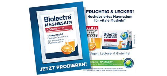 Gratisprobe November 2025 Biolectra Magnesium 400 mg ultra Trinkgranulat Orangengeschmack