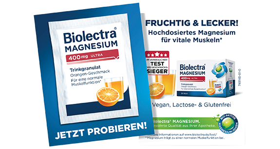 Gratisprobe November 2025 Biolectra Magnesium 400 mg ultra Trinkgranulat Orangengeschmack